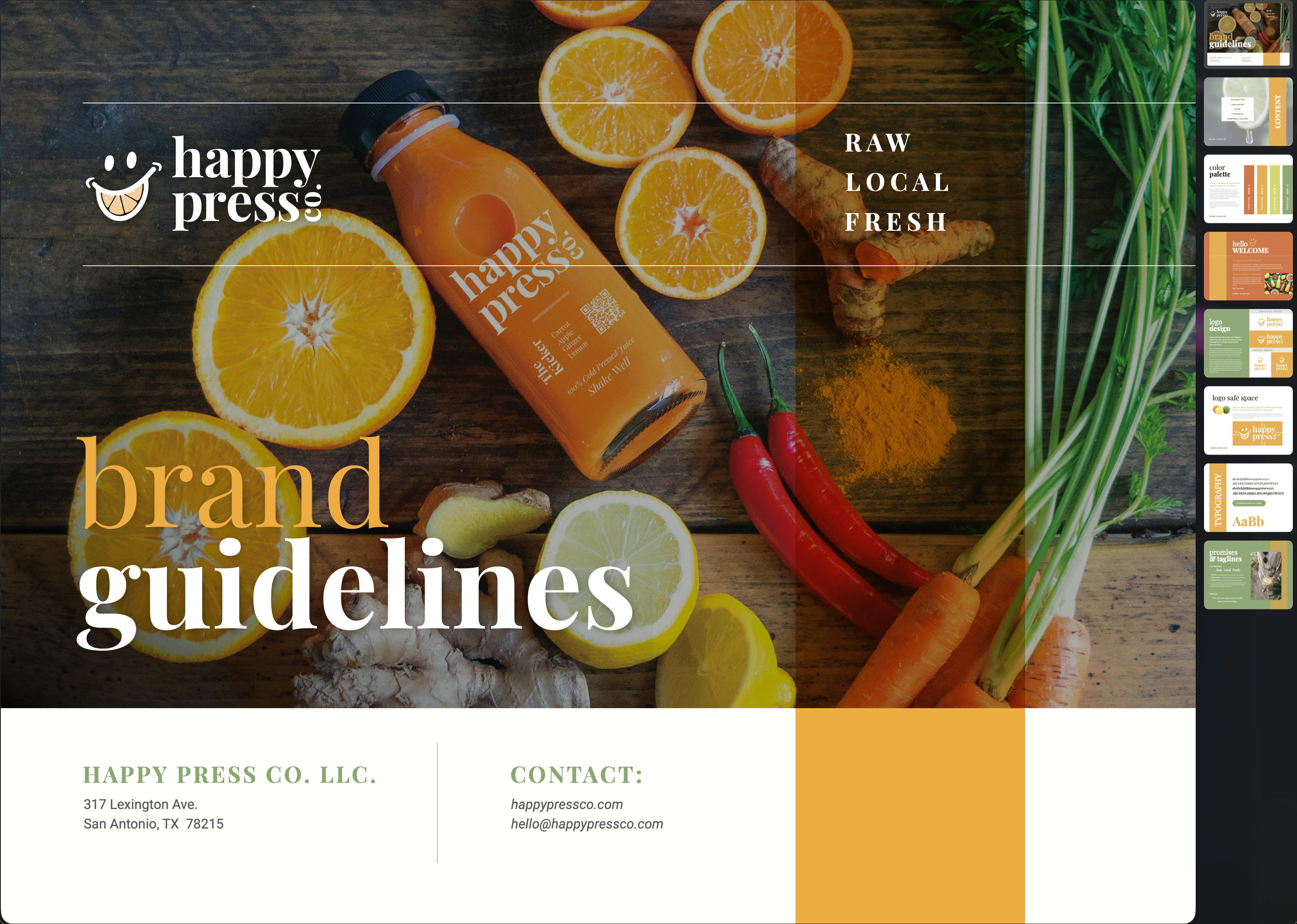 Happy Press Co. brand guidelines document cover and spreads
